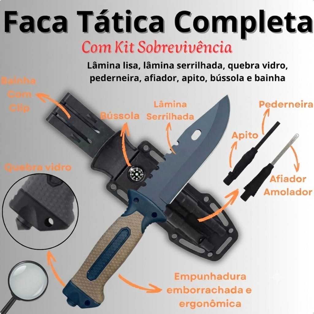 Faca Tática Militar +1,5 m PARACORD 550 p/Caça, Pesca/Sobrevivência;com bainha,afiador, apito e pederneira - COR SORTIDA
