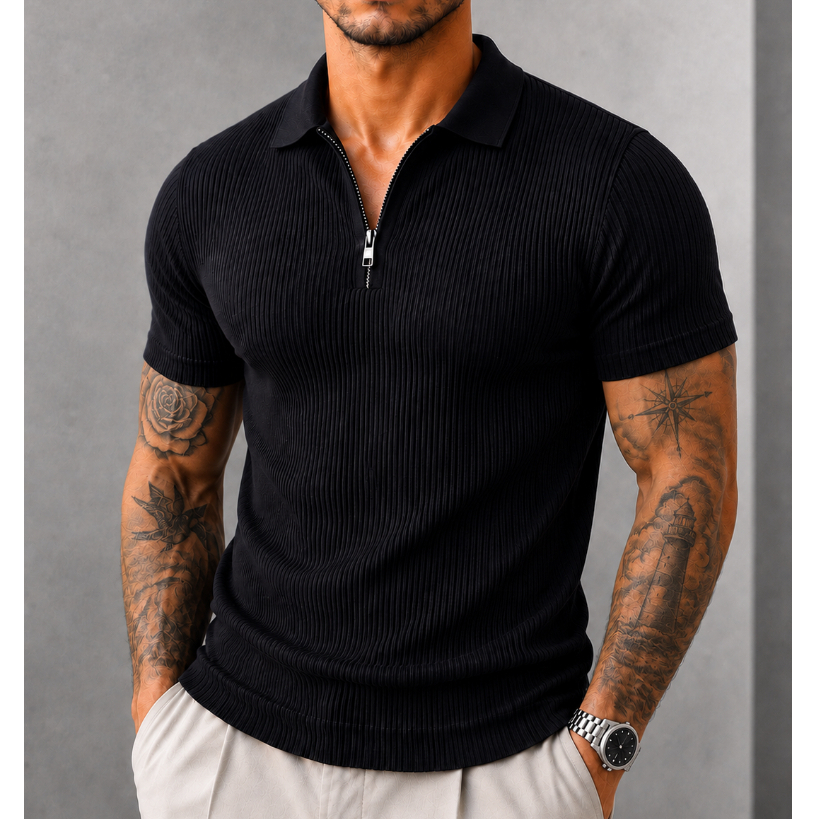 Camisa Polo Italiana Canelada Masculina Premium Slim Manga Curta Gola Zíper Casual Elegante Gola
