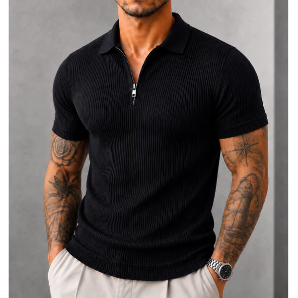 Camisa Polo Italiana Canelada Masculina Premium Slim Manga Curta Gola Zíper Casual Elegante Gola
