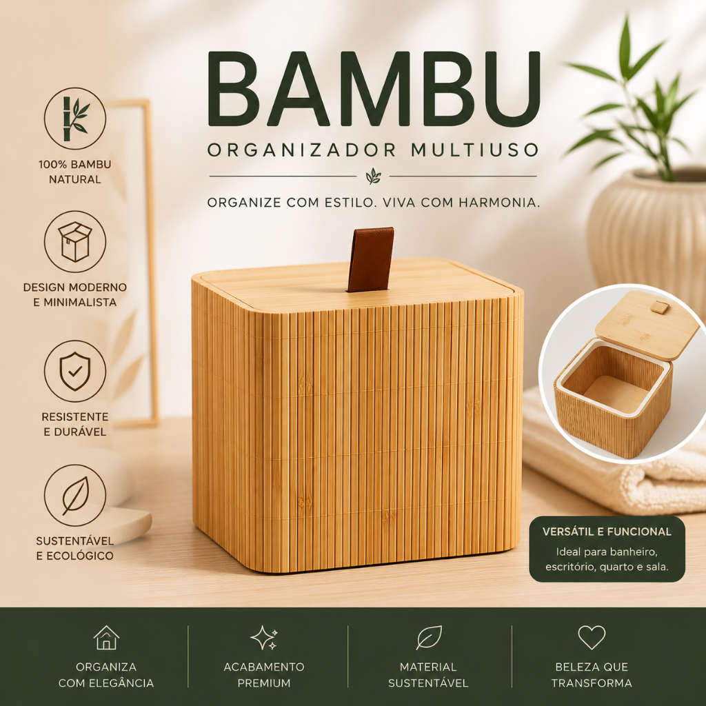 Caixa Organizadora Porta-Objetos de Bambu com Tampa Ideal para Banheiro, Cozinha ou Escritório