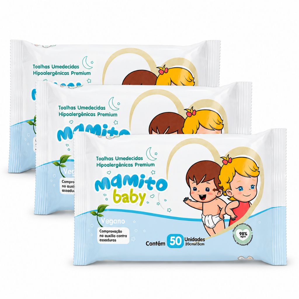 Kit 3 Lenços Umedecido 50 Folhas - Limpeza Suave Hidratação Pele Sensível Bebê - Mamito Baby