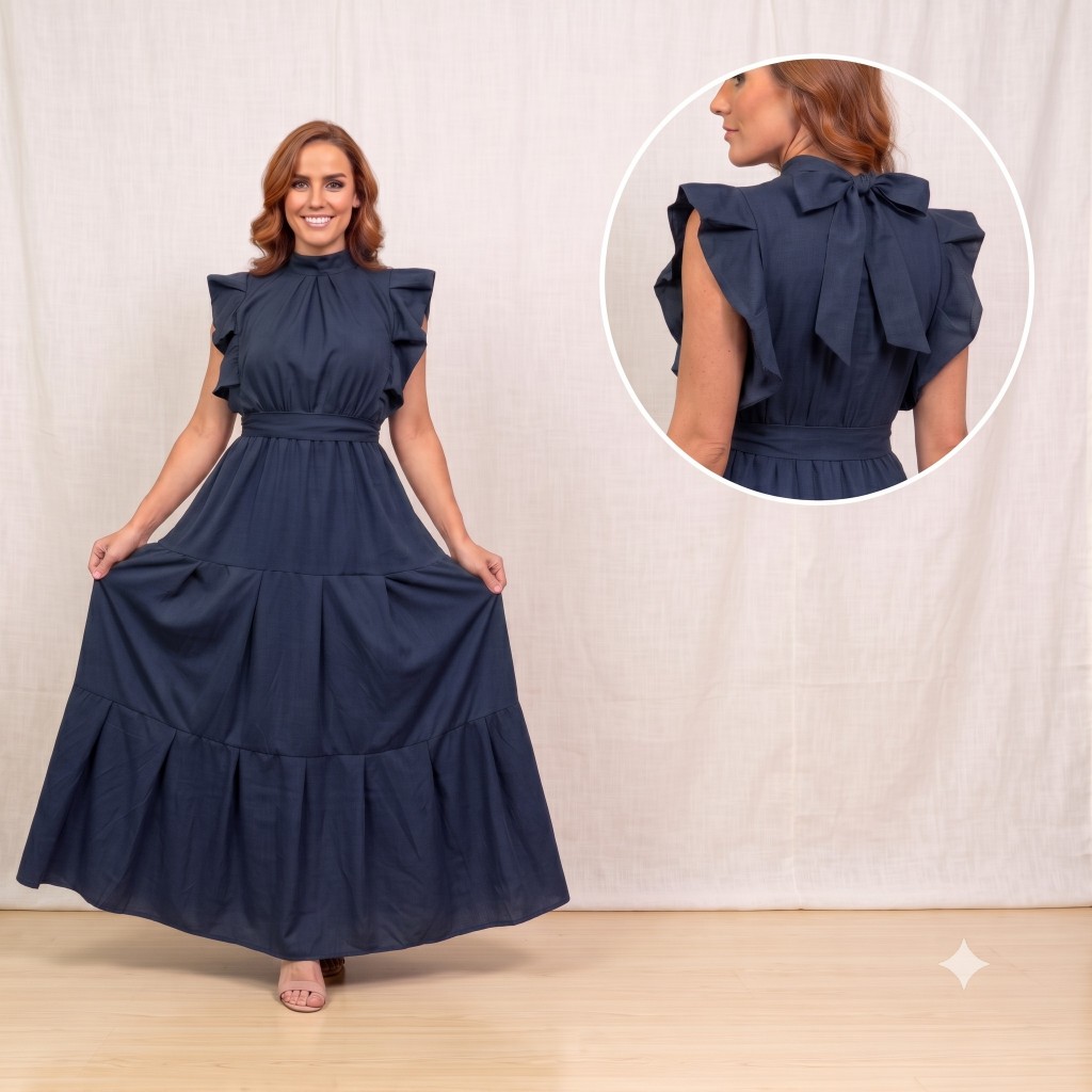 Vestido Feminino Longo Luxo, Evangelico e Festa Saia três Marias com Babado Tecido Crepinho Premium