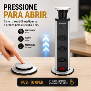 Extensão Retrátil 3 Tomadas Padrão + 2 USB Embutir Mesa Escritório Bancada cor preta