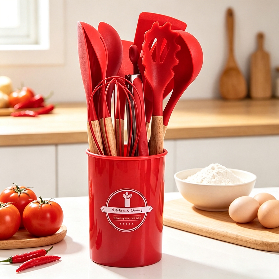 Conjunto de utensílios de cozinha de silicone com cabo de madeira antiaderente