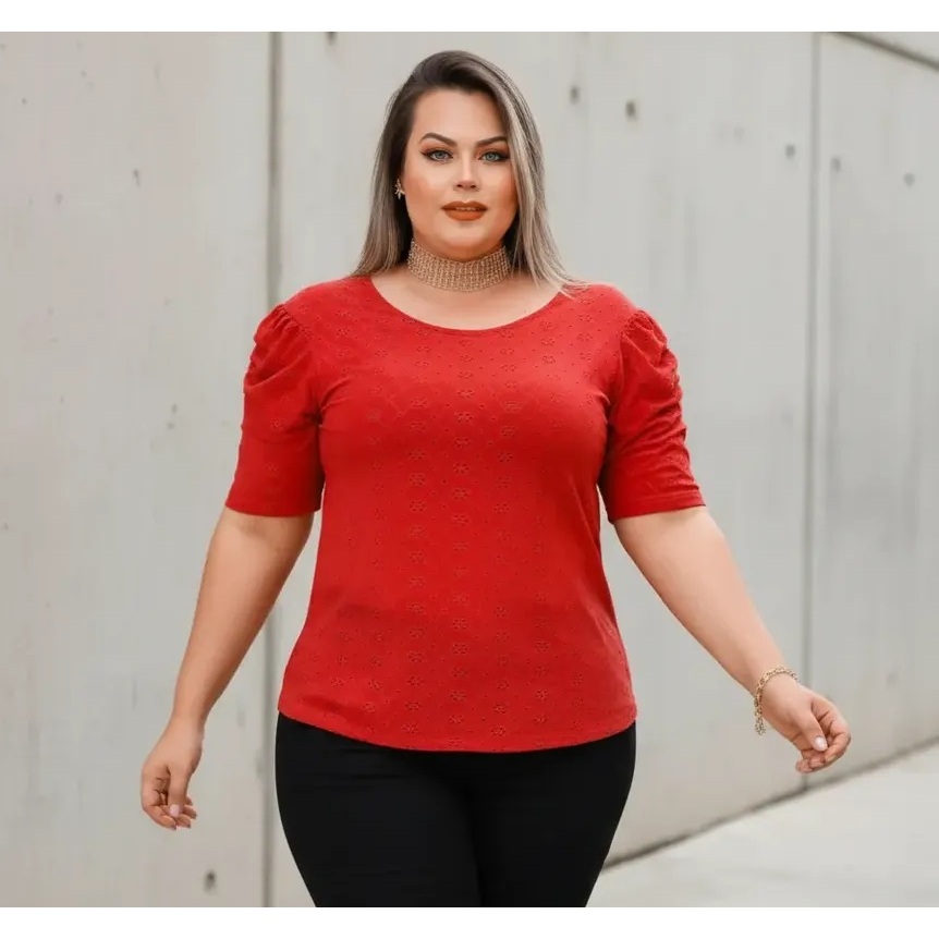 Blusa Plus Size Feminina Manga Curta Bufante Gola Redonda Lese Elastano