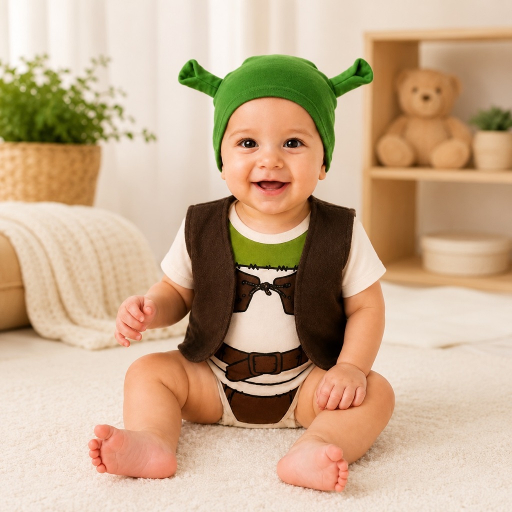 Body Shrek Bebê Mesversário Temático Touca e Colete Fantasia Ensaio