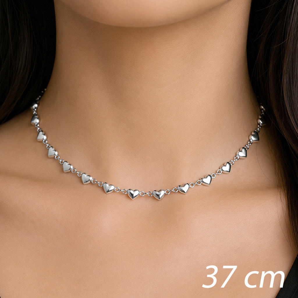 INOX - Choker/Gargantilha Aço Inox Cor Prata 37cm + Extensor - Corrente Corações - Fecho Lagosta