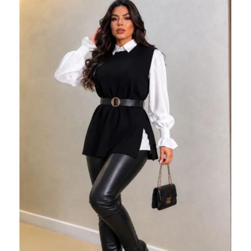 kit  camisa Feminina + Colete Modal + Cinto  look ideal  pra seu outono  ou inverno tendência FESTAS PROMOÇÃO