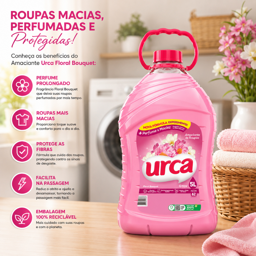 Frasco de amaciante Urca Floral Bouquet de 5 litros na cor rosa sobre uma mesa de madeira, com infográficos dos benefícios ao lado e cestos de roupas ao fundo.