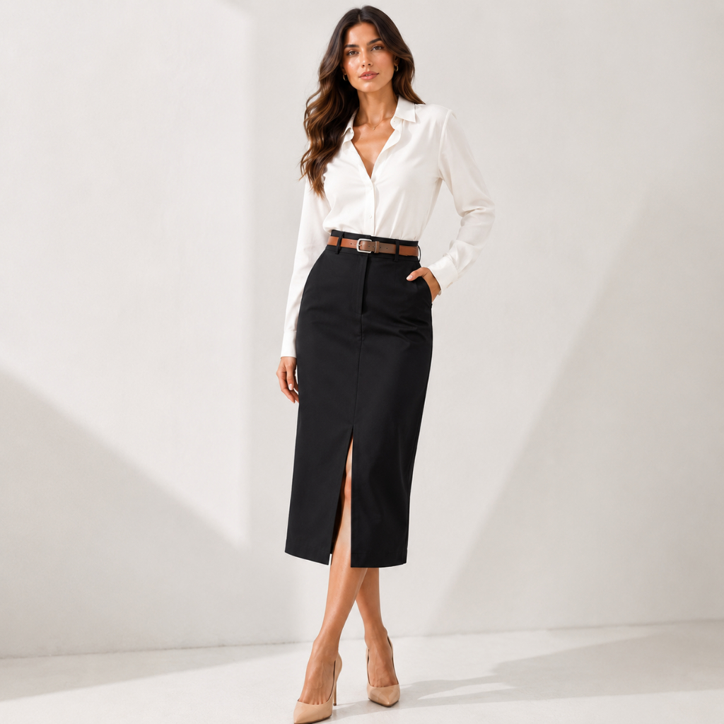 Saia Midi Feminina Social Alfaiataria Bolso Faca Acompanha Cinto – Sofisticada e Confortável Valued