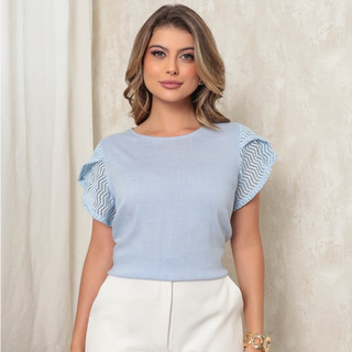 Onlyone - Blusa Feminina Vicose Toque De Linho Manga Renda Confortável Caimento Leve Casual Elegante Trabalho e Uso Diár