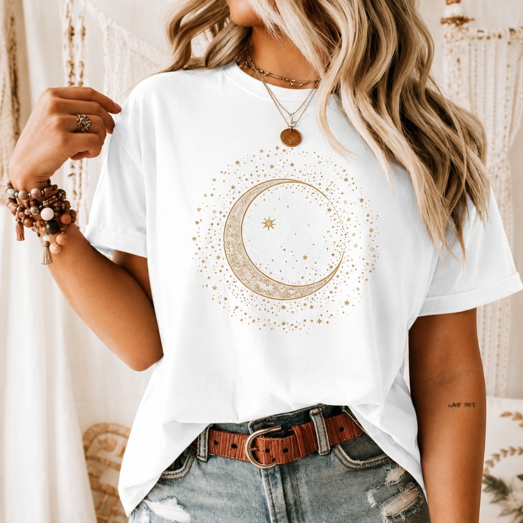 Tshirt Feminina Estilosa Camisa Estampada Círculo de Lua e Poeira das Estrelas Estampada Lançamento Camiseta 100%algodão