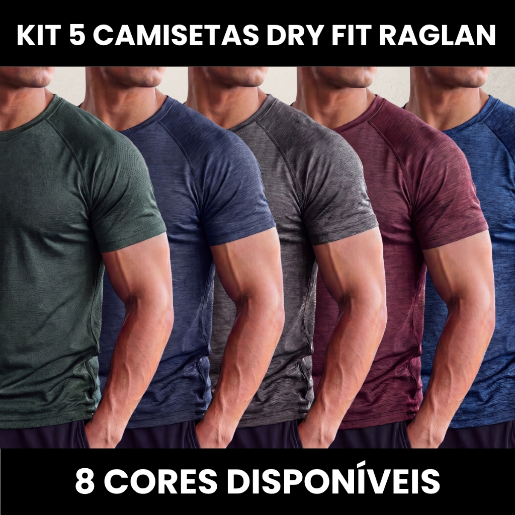 Kit 5 Camiseta Dry Fit Raglan Masculina Respirável e Confortável para Treino Corrida e Academia