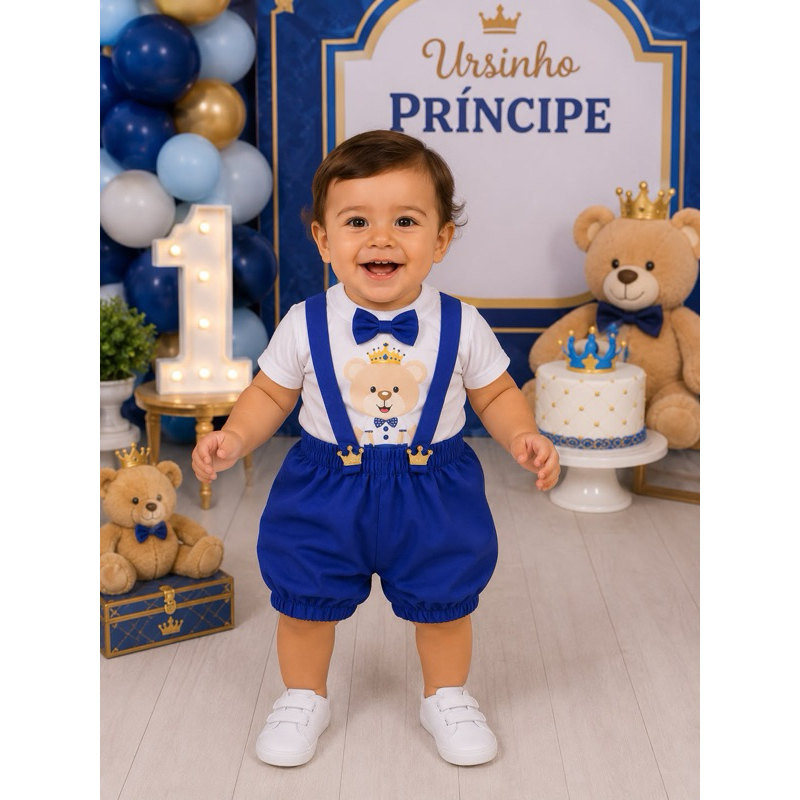 Conjunto 3 Peças Infantil Menino Ursinho Príncipe Roupa Bebê Temático