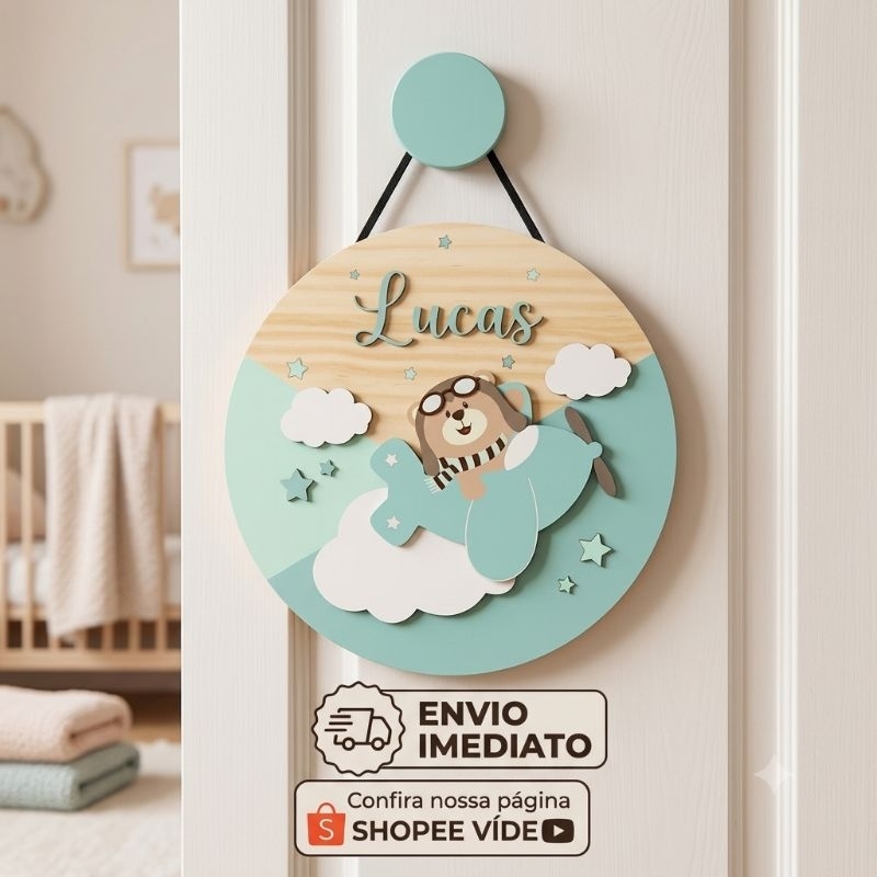 enfeite porta maternidade ursinho aviador Verde personalizado em MDF