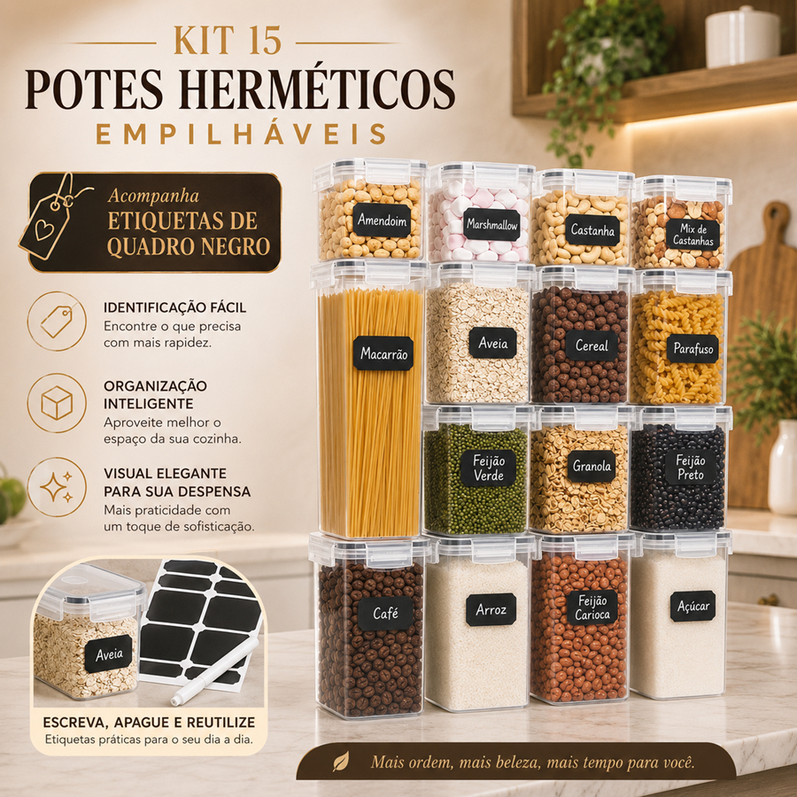 Kit 15 Potes Herméticos Organizador Dispensa Empilháveis