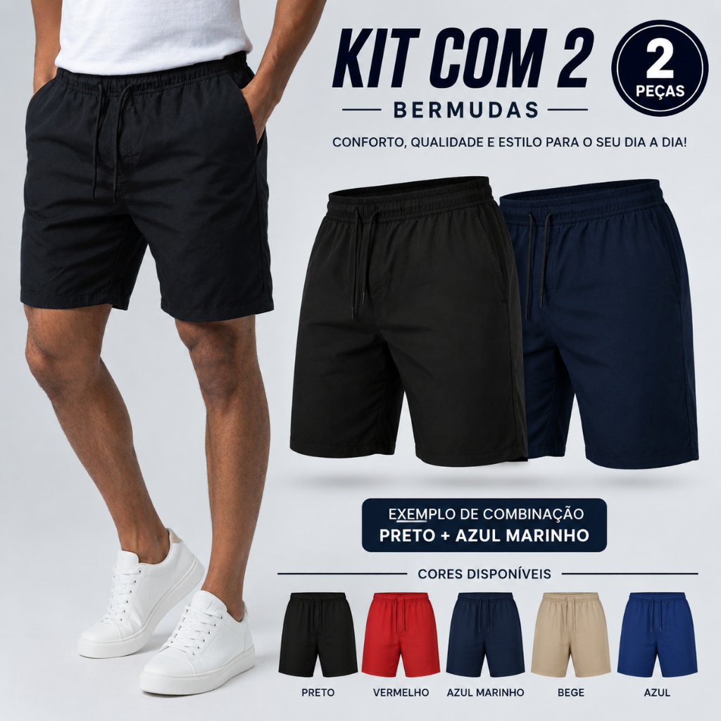 Kit 2 Bermudas Masculina Tactel Elastano Com Bolso Treino Academia Leve Confortável Secagem Rápida