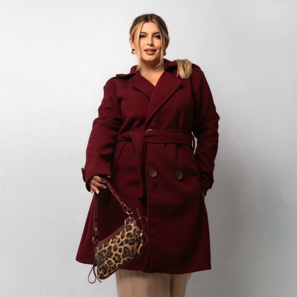 Sobretudo Longo Feminino Plus Size Com Cinto Lã Batida