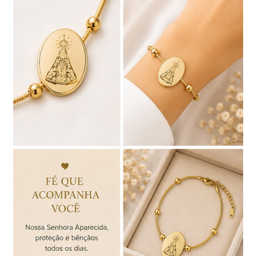 Pulseira Dourada Nossa Senhora Aparecida Aço Cirúrgico Pingente Católico Corrente Regulável Semijoia Religiosa Proteção
