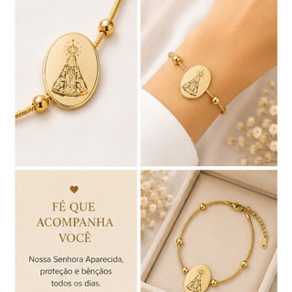 Pulseira Dourada Nossa Senhora Aparecida Aço Cirúrgico Pingente Católico Corrente Regulável Semijoia Religiosa Proteção