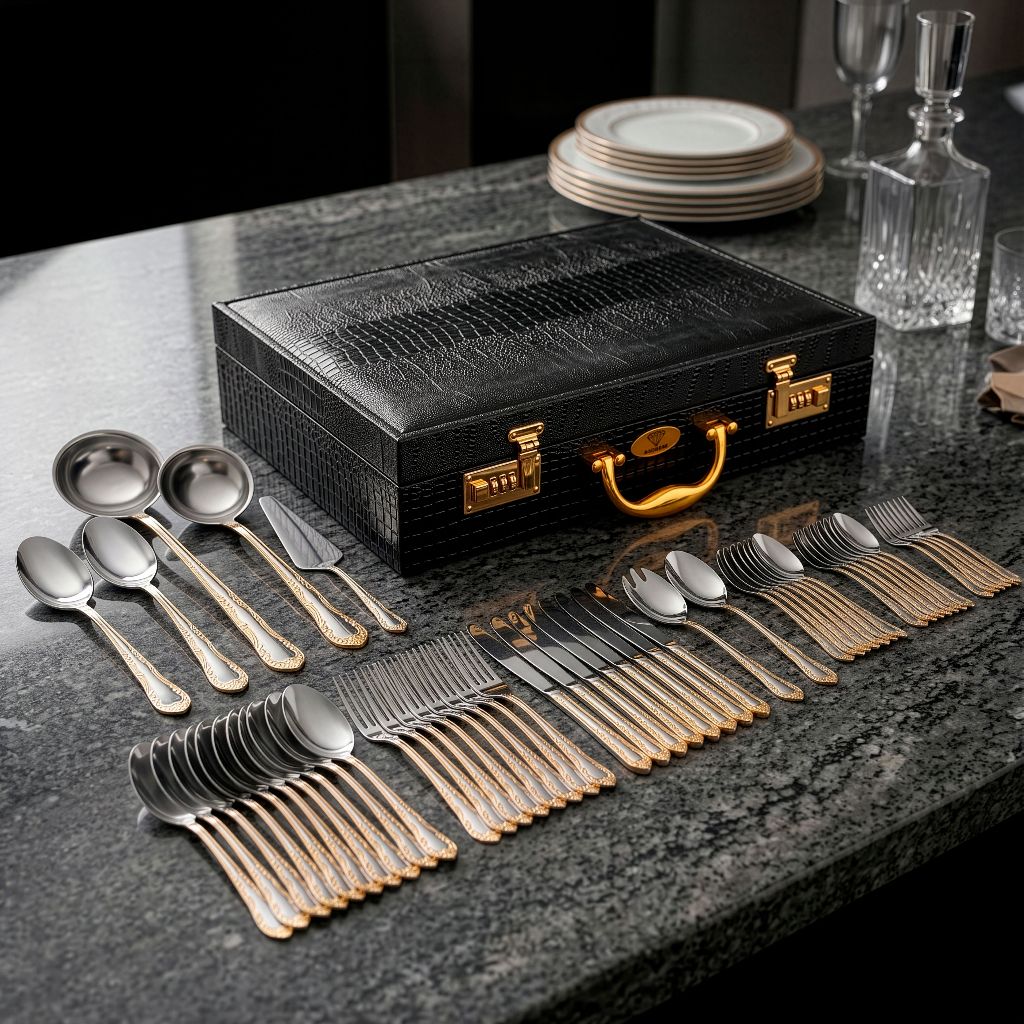 Faqueiro 84 Peças Talheres Inox Detalhes Dourados Banhado A Ouro Luxuoso Maleta Couro Com Senha