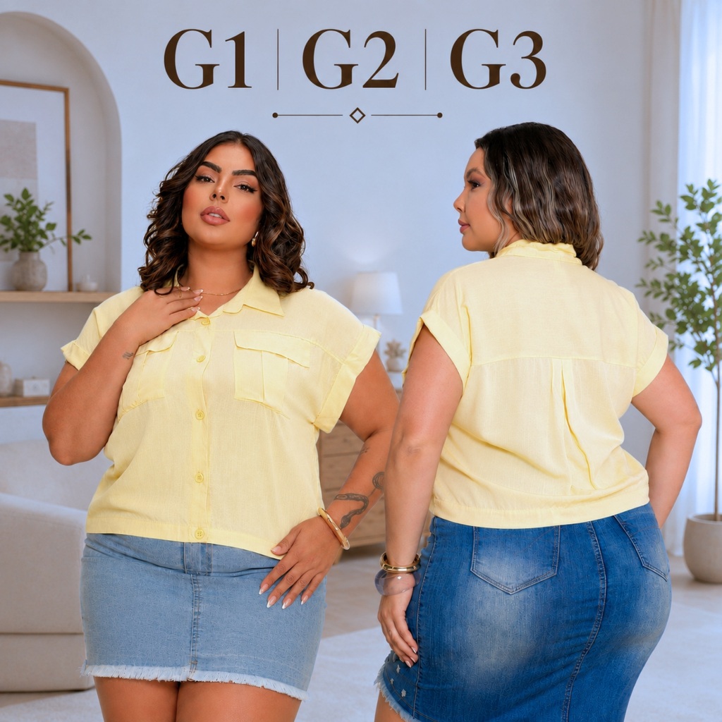 Camisa Social Feminina Plus Size Manga Curta Cropped Elegante