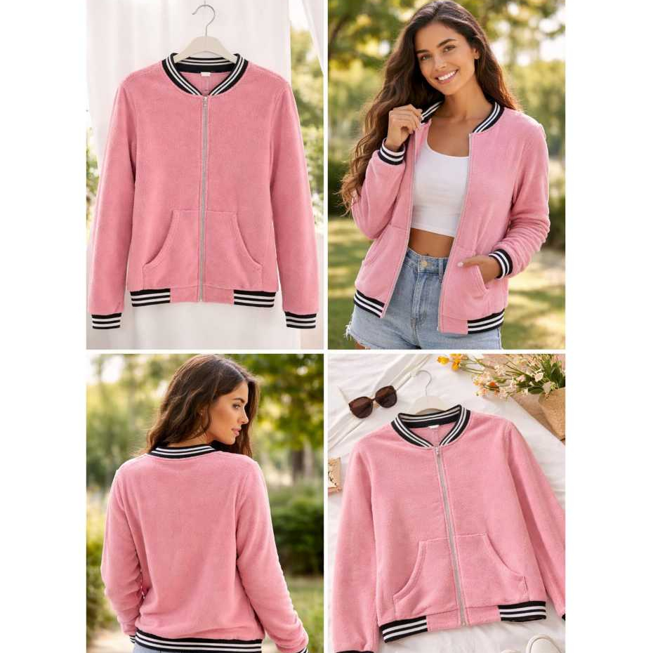 Jaqueta Bomber feminina fleece/polar com zíper | Casaco quentinho macio | Inverno | M G GG
