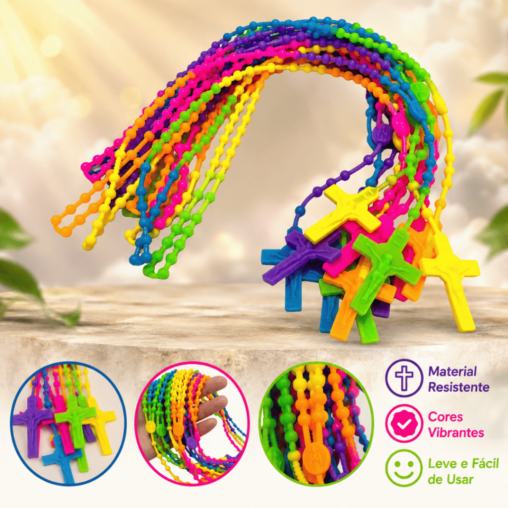 Kit 12 Terços Silicone Colorido Pescoço Colar Católico Religioso Atacado Acampamento Igreja Colar