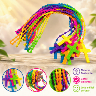 Kit 12 Terços Silicone Colorido Pescoço Colar Católico Religioso Atacado Acampamento Igreja Colar