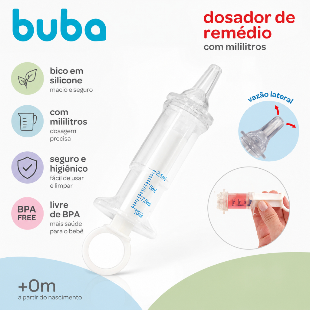 Dosador de Remédio Bebê Buba com Mililitros Seringa bico de Silicone