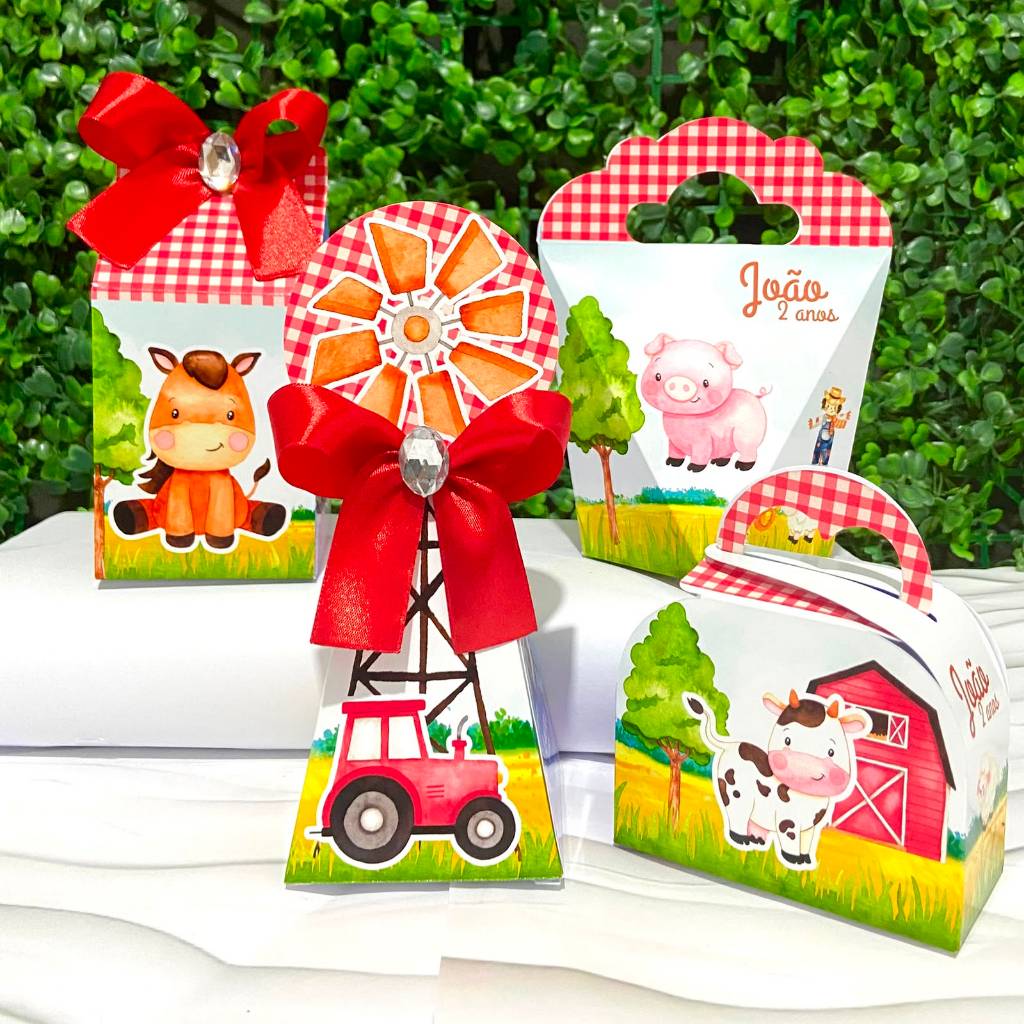 Kit Caixas Personalizadas FAZENDINHA AQUARELA VERMELHA Lembrancinhas Festa Infantil Aniversário caixas Desmontadas