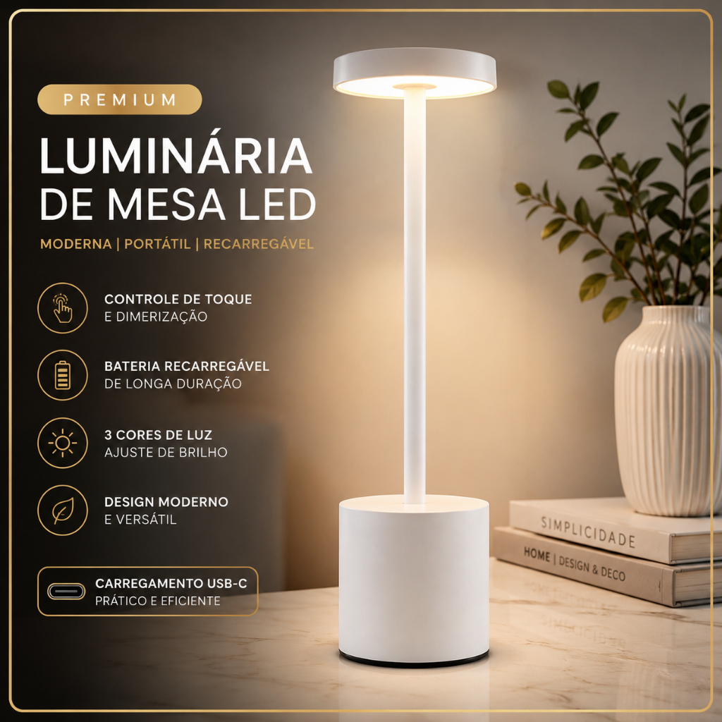 Luminária de Mesa LED Recarregável Touch Sem Fio USB Dimerizável Abajur Quarto Cabeceira Escritório Leitura Decoração