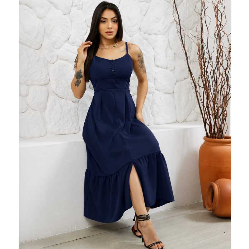 Vestido Longo De Alcinha e bojo Em Crepiho Forrado Modelo Botão E Babado Poa Elegante