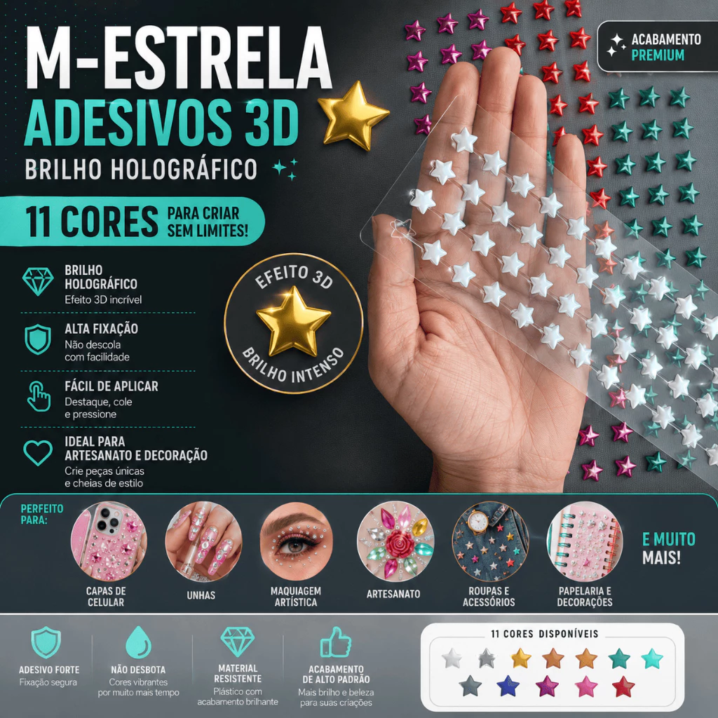 Cartela Adesiva com Pedrarias 3D - M-ESTRELA - Para Artesanato, Customização e Decoração - CRIAR