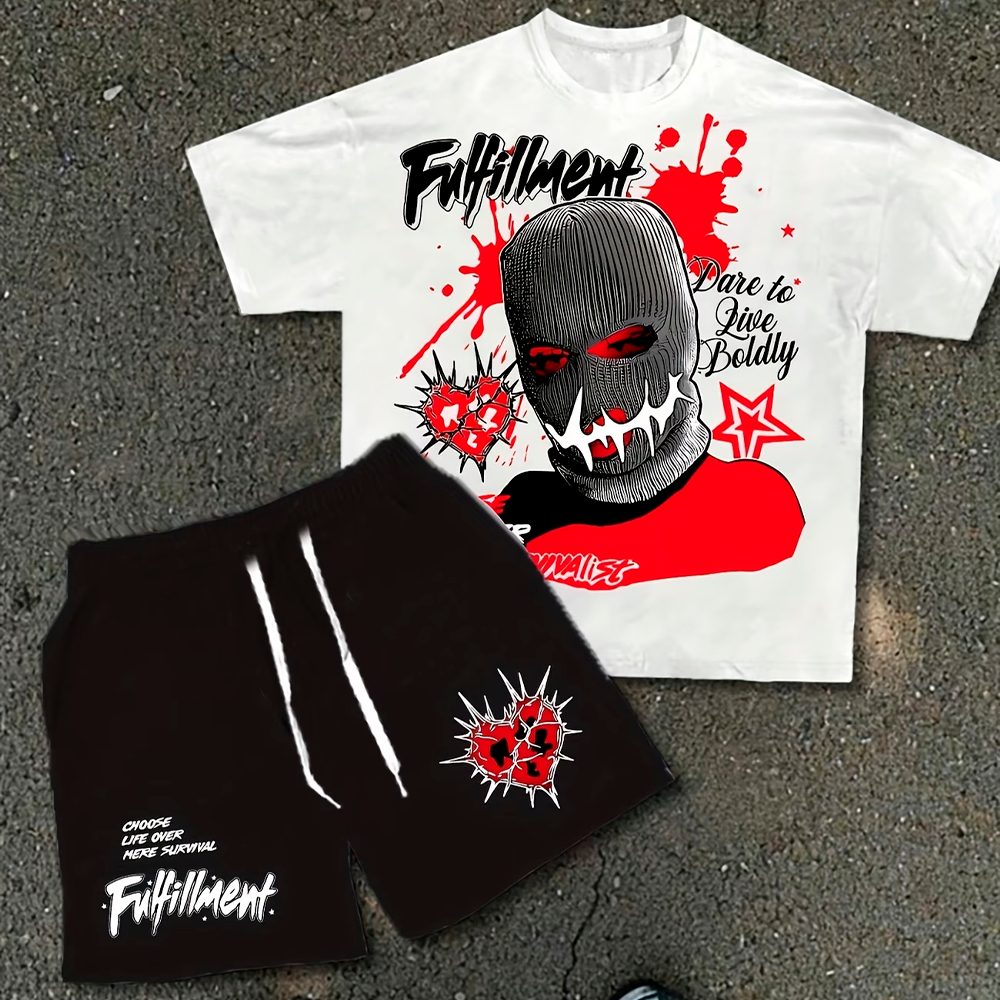 Conjunto Camiseta Oversized + Short Bermuda Moletom com Cordinha DARKENEES Streetwear Gótico Y2k Unissex Estampado