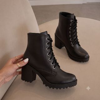 Coturno Preto Feminino Salto Alto Bota Salto Grosso Tratorada Cano Curto Amarrar Bota Blogueira Confortável