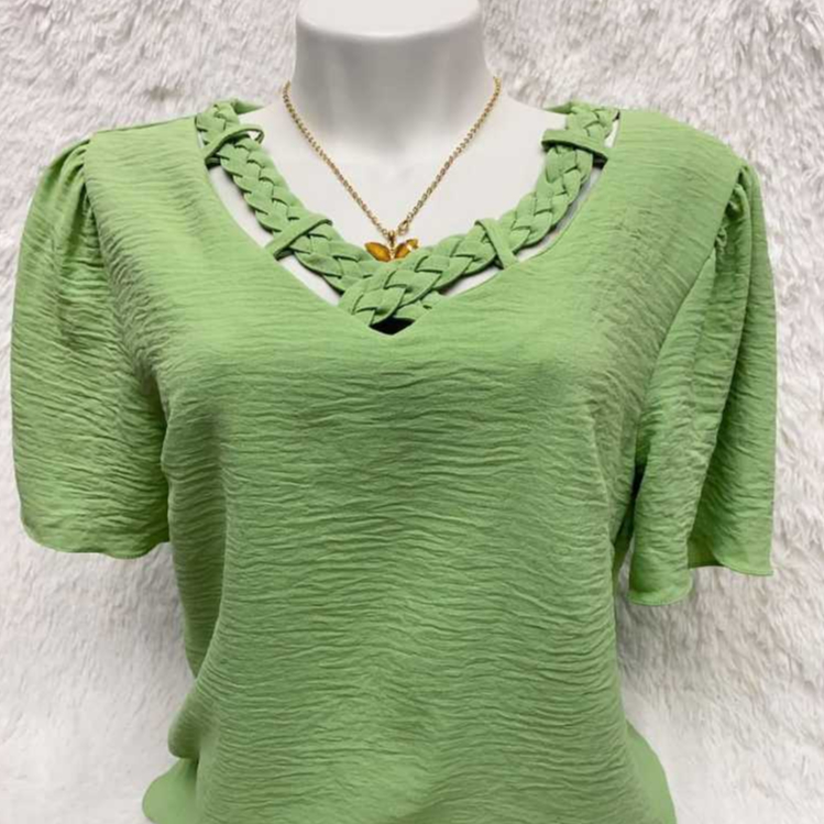 Blusa Feminino com Trançado na frente bonita Manga Curta tecido Duna 2026