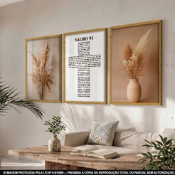 Quadro Decorativo 3 Peças Salmo 91 Floral Bege Religioso para Sala e Quarto