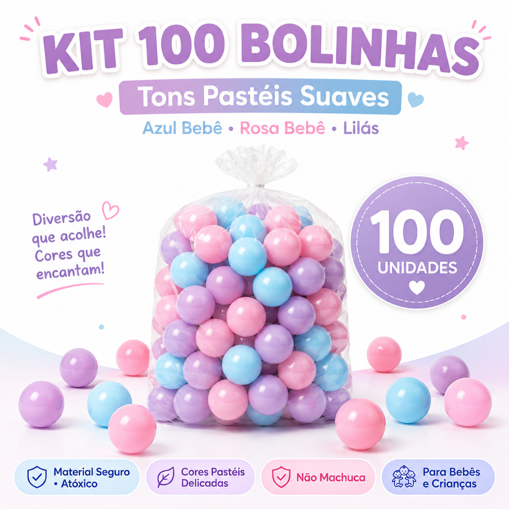100 Bolinhas de Piscina Infantil Azul Bebê Rosa Bebê e Lilás 71mm