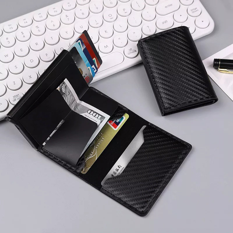 Porta-cartões anti-RFID textura fibra carbono, carteira pop-up automática fina PU para cartões e dinheiro