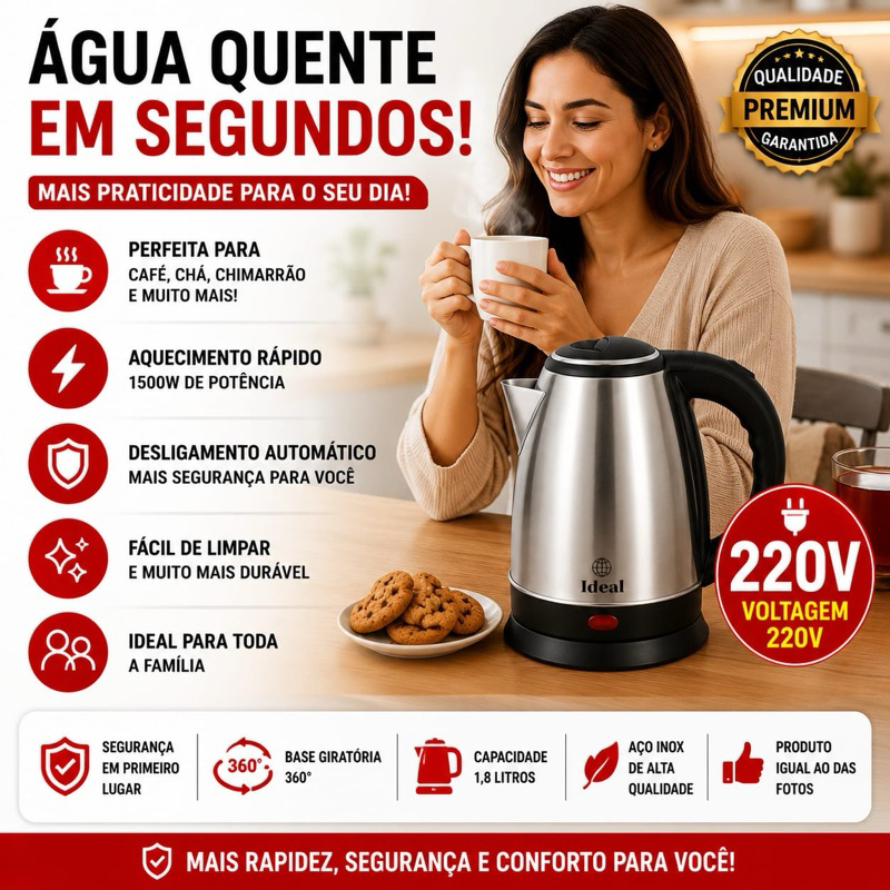 ⚡ Chaleira Elétrica Inox 1,8L 1500W 220V Rápida Desligamento Automático Base 360° Café Chá Cozinha Prática