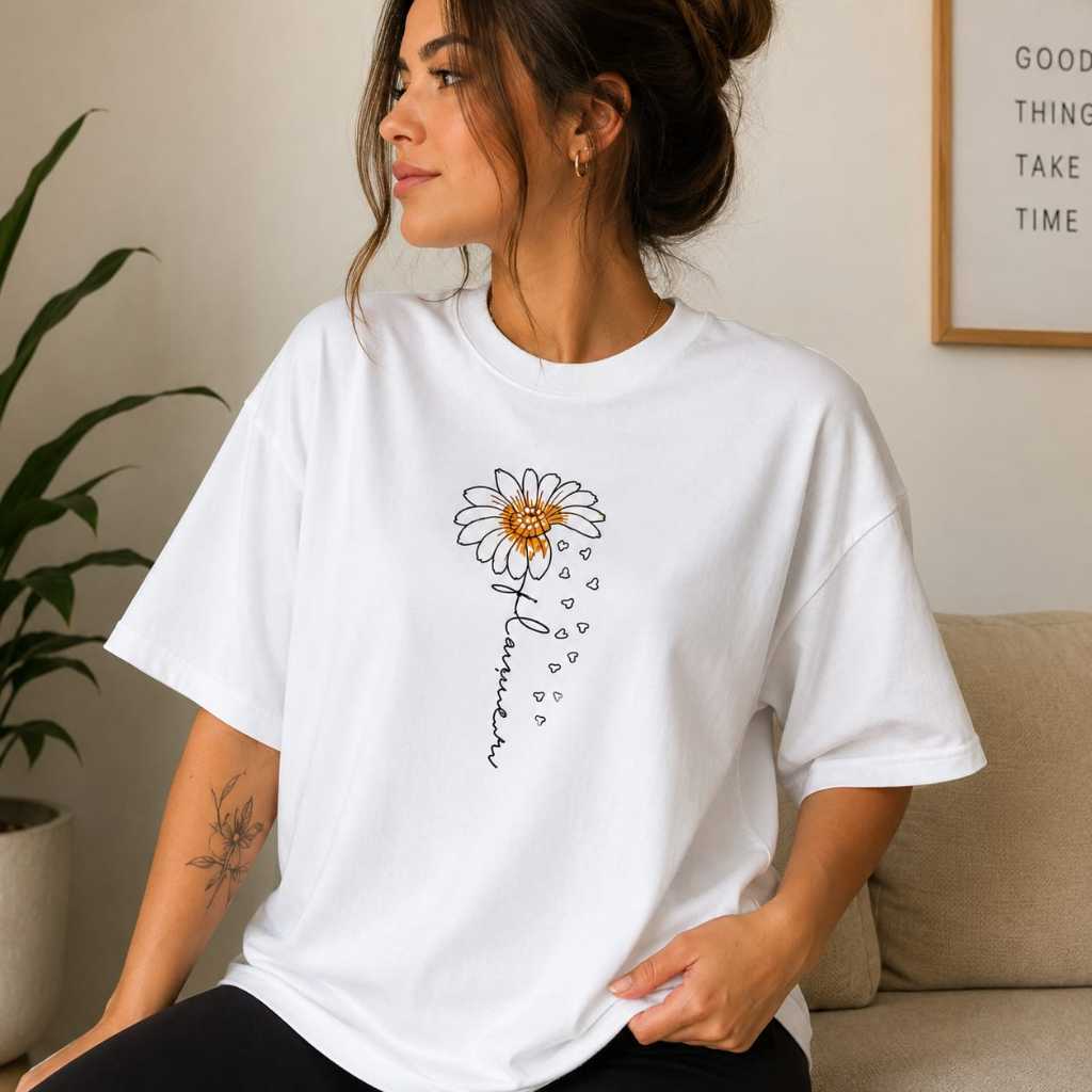 Camiseta Feminina Oversized Estampada Margarida Flauwer Linha Premium 100% Algodão Confortável Academia