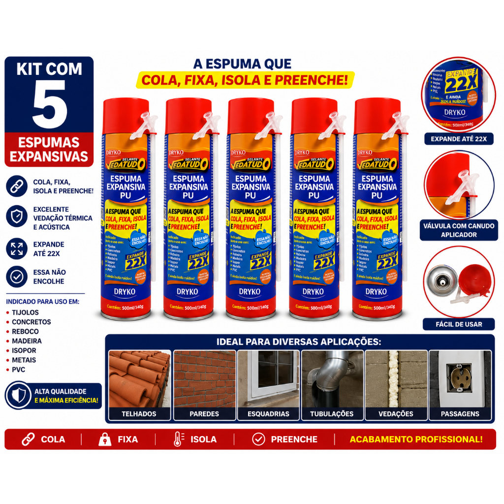 Kit 5 Espuma Expansiva Dryko 500ml Selante PU Uso Geral Madeira Portas Janelas Construção Vedação