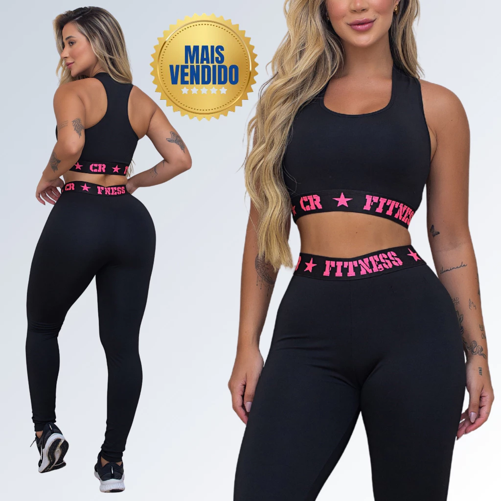 Conjunto Academia Top e Legging Elastico Exposto Cintura Alta