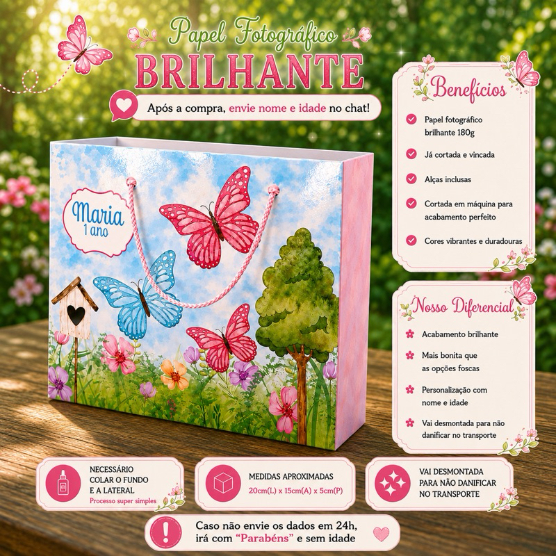 Kit Sacolinhas Personalizadas Tema Jardim Borboletas Lembrancinhas Aniversário