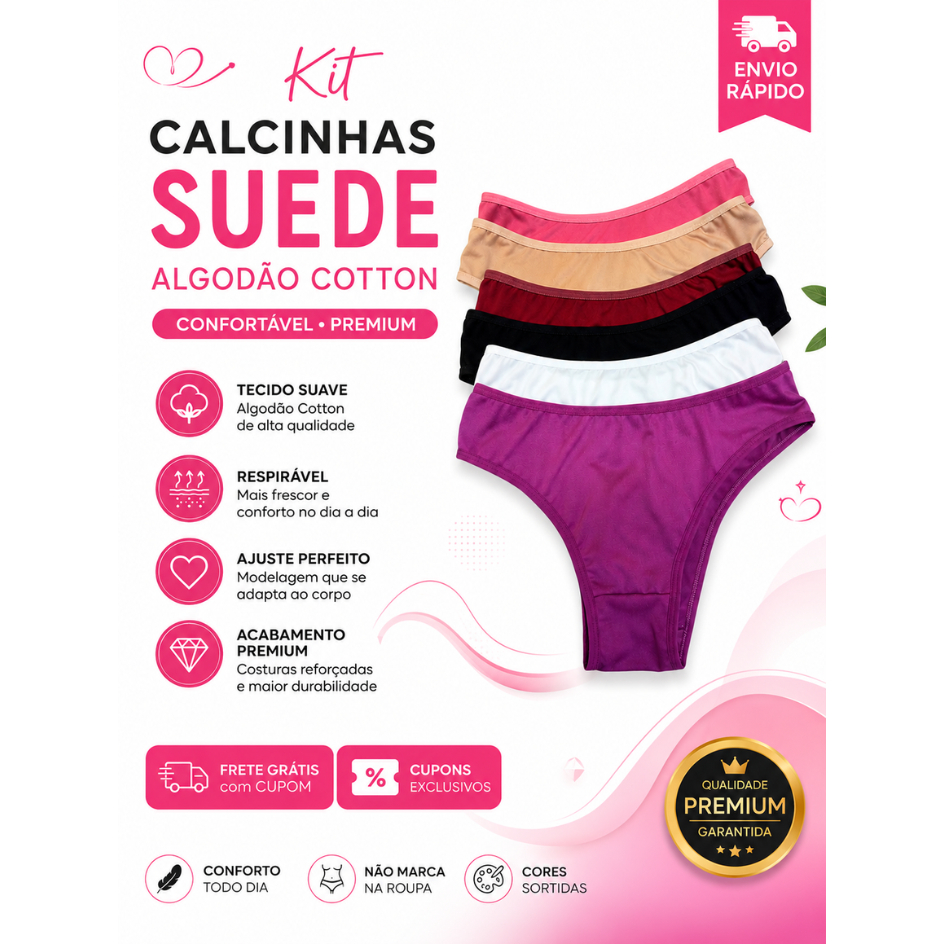 Kit Calcinhas Suede Algodão Cotton | Lingerie Básica Feminina Confortável Premium