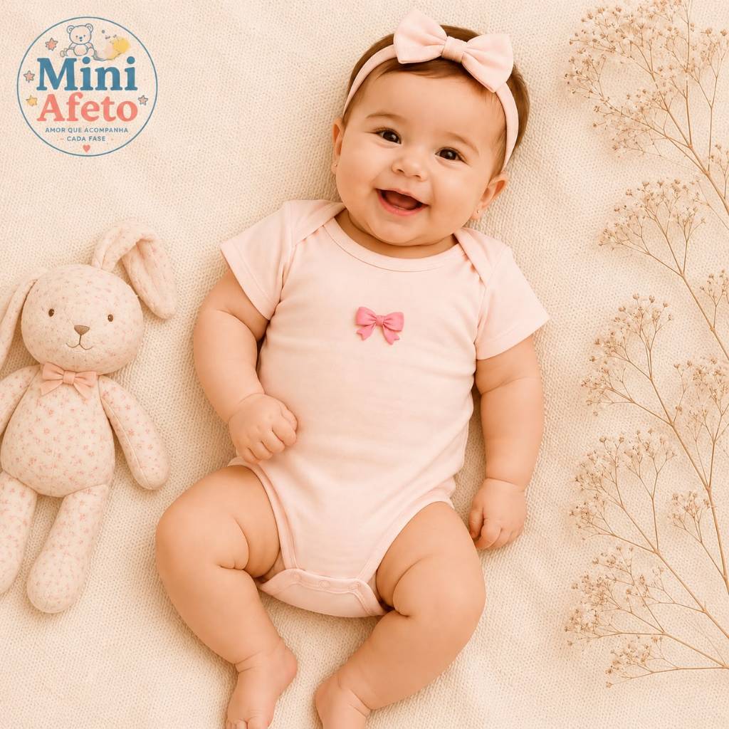 Body Bebê Menina Manga Curta Laço Rosa Tecido 100% Algodão- conforto e delicadeza para o dia a dia do seu bebe
