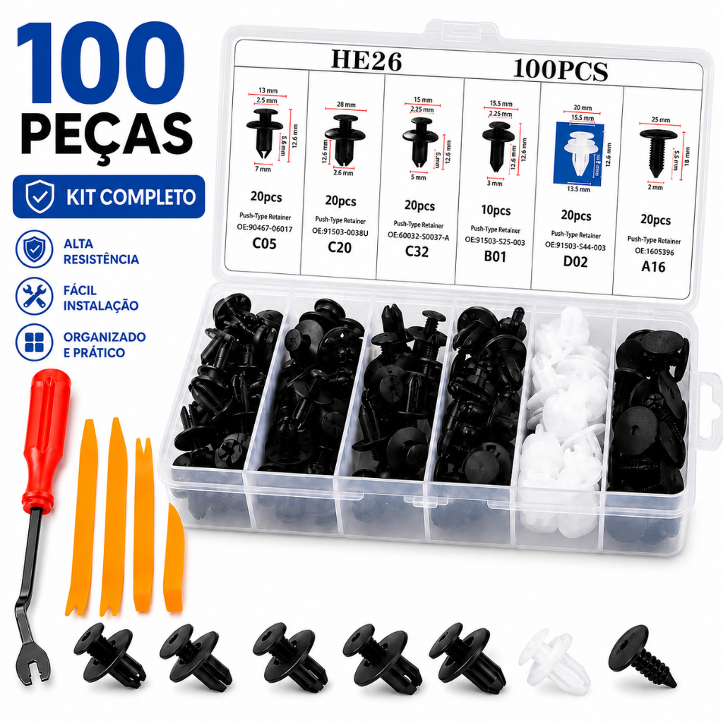 Kit 100 Peças Presilhas Automotivas Grampos De Para-choque Painel Carro Universal Com Chave Removedor Espátulas