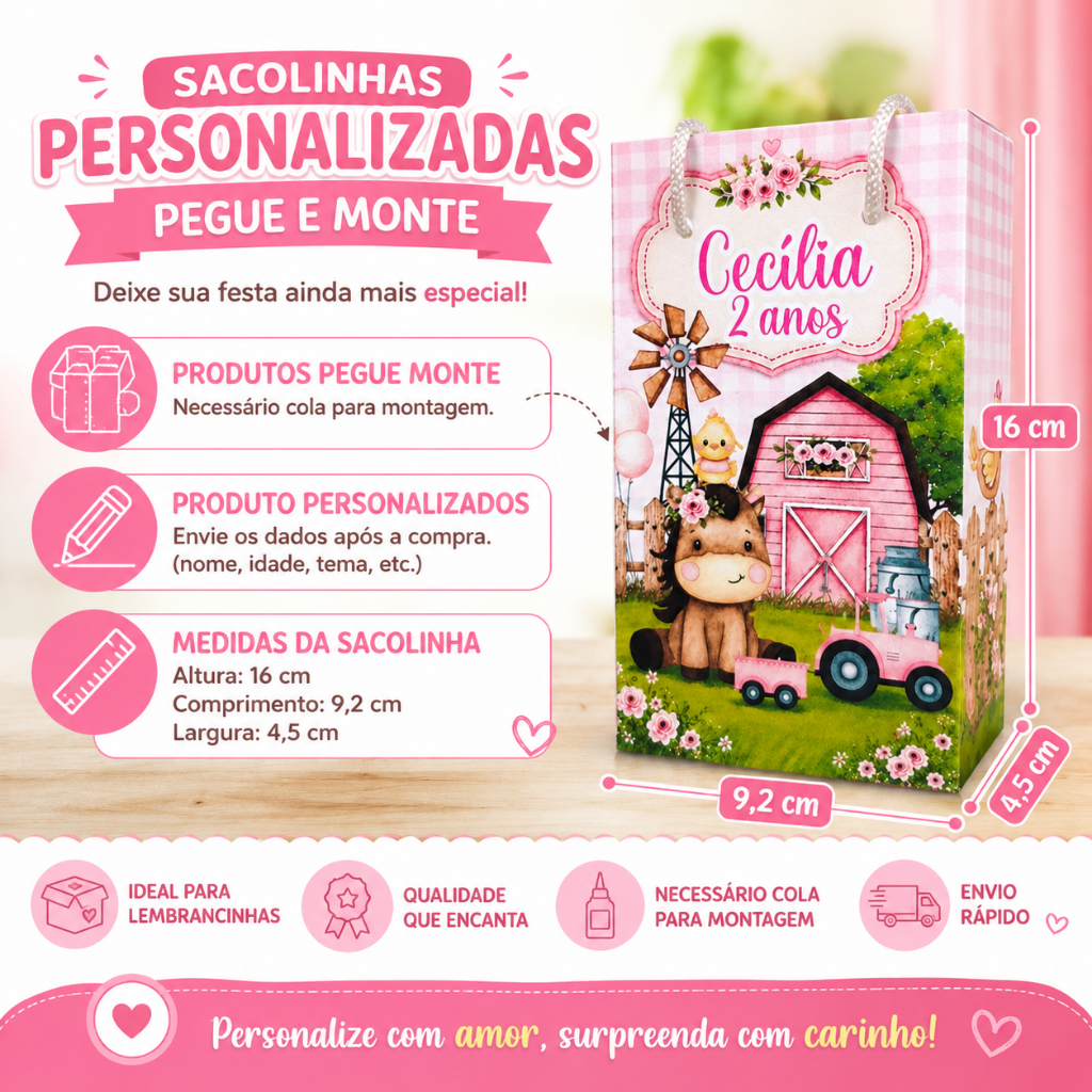 50 SACOLINHA PERSONALIZADA FAZENDINHA ROSA | PEGUE E MONTE| PERSONALIZADOS LEMBRANCINHAS SACOLINHA FAZENDINHA ROSA