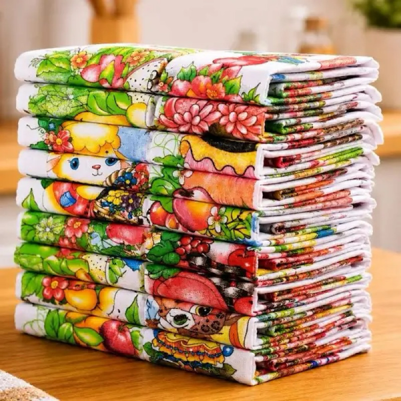 Kit 12 Panos de Prato 100% Algodão Estampados 45x75cm – Alta Absorção Pano de Cozinha Atacado